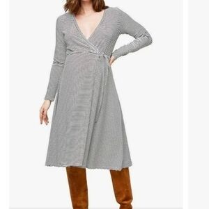 NOM L Tessa Long Sleeve Jersey Maternity / Nursing Wrap Midi‎ Dress Black/White